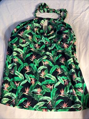 VM Black Halter Swim Camisole with Green Leaves & Pink Floral Accents